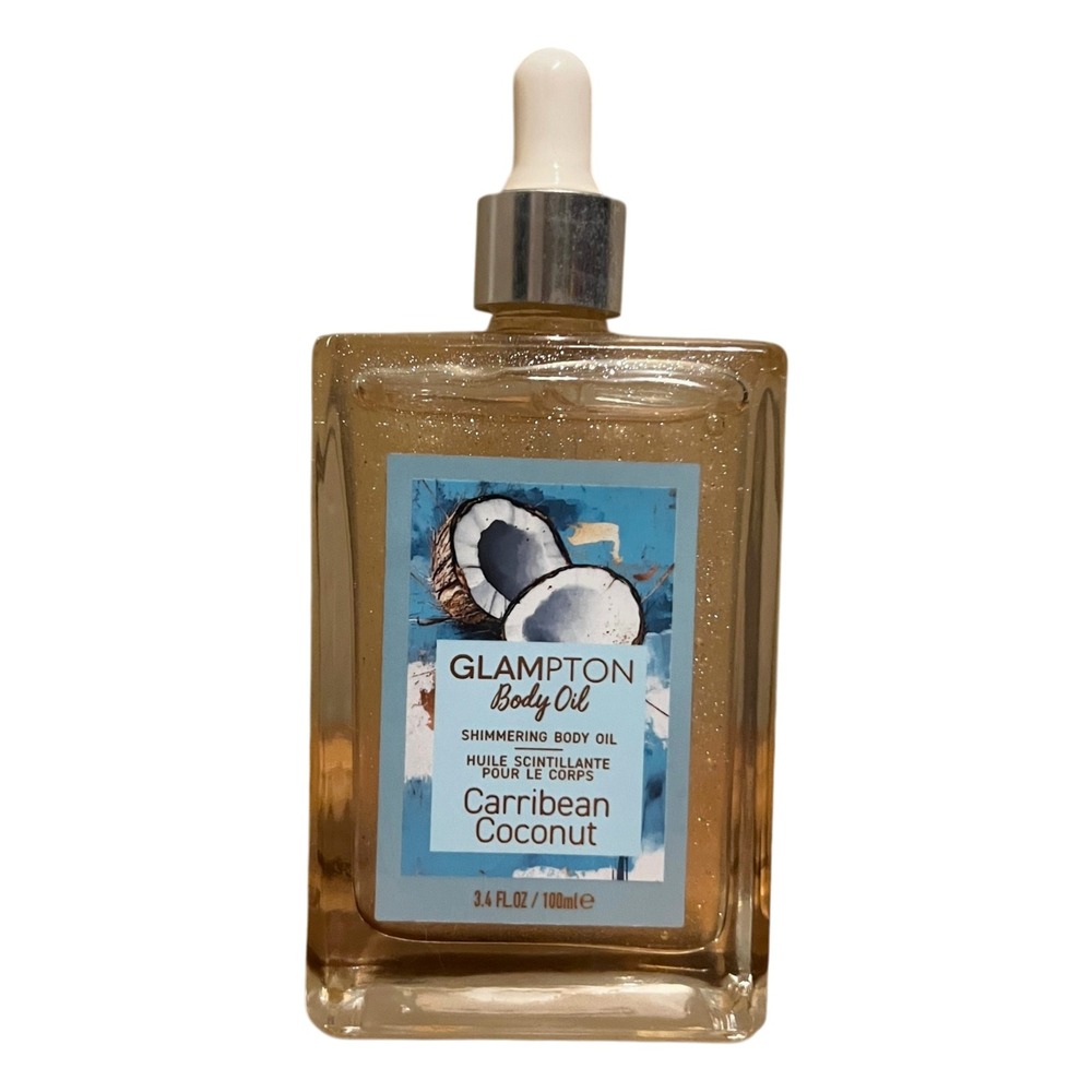 Glampton Caribbean Coconut Shimmering Body Oil 3.4oz Radiant Glow Dropper Bottle
